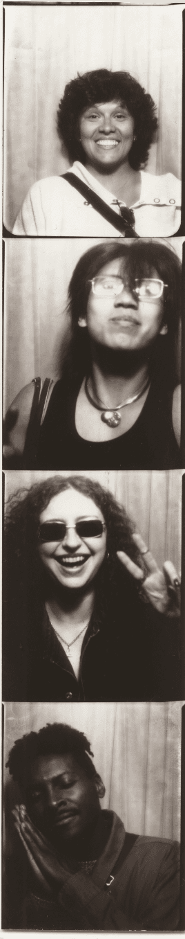 Photo booth strip of four friends mugging for the camera